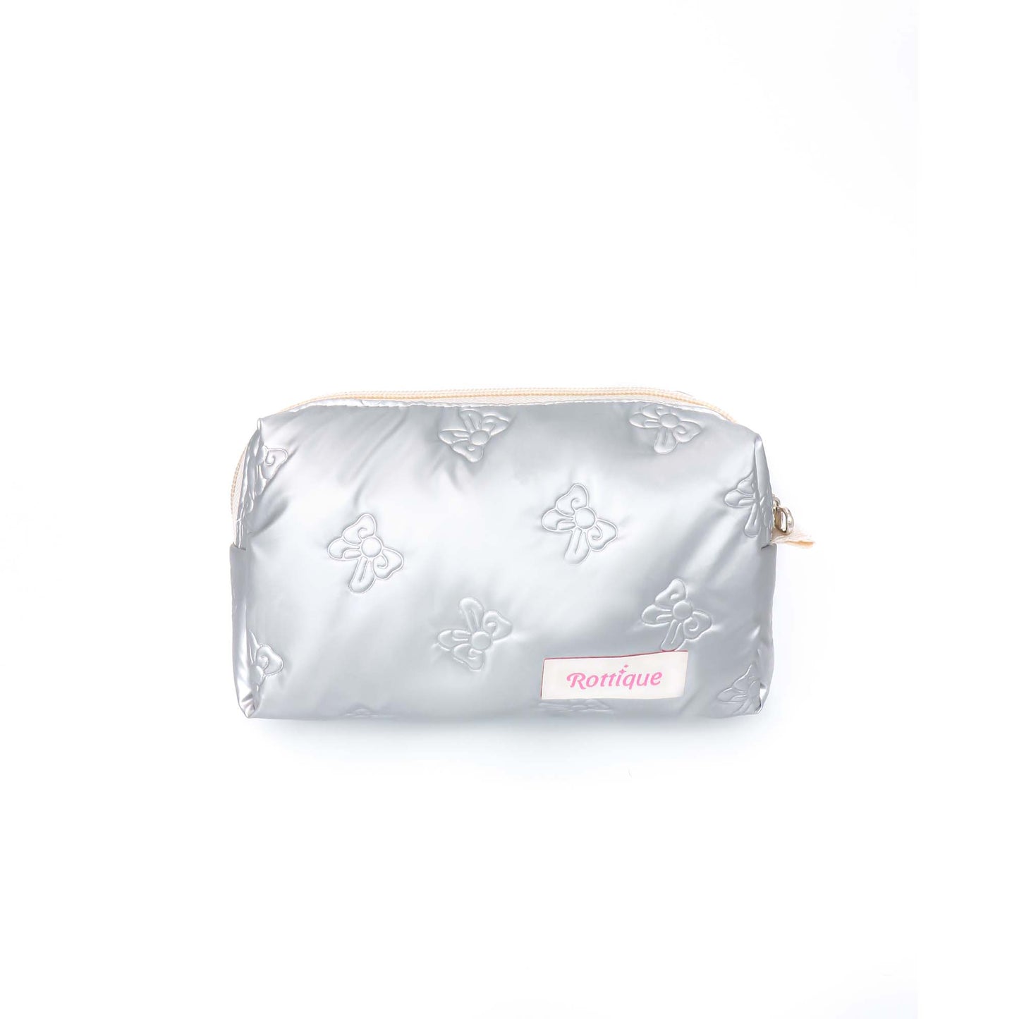 Mini Pufflet Bow Beauty Bag in silver bowknot quilted fabric