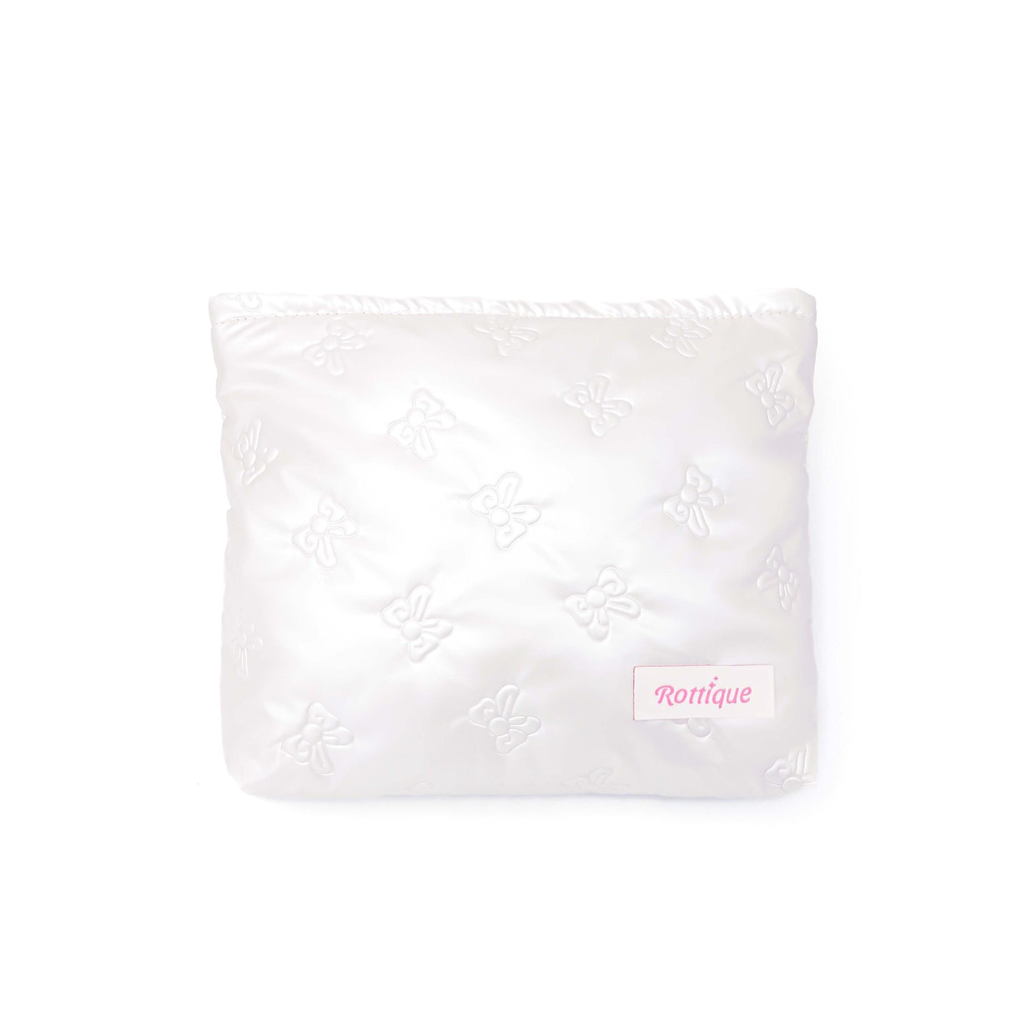 Stylish Pufflet Bow Beauty Bag in cream bowknot quilted fabric and compact size