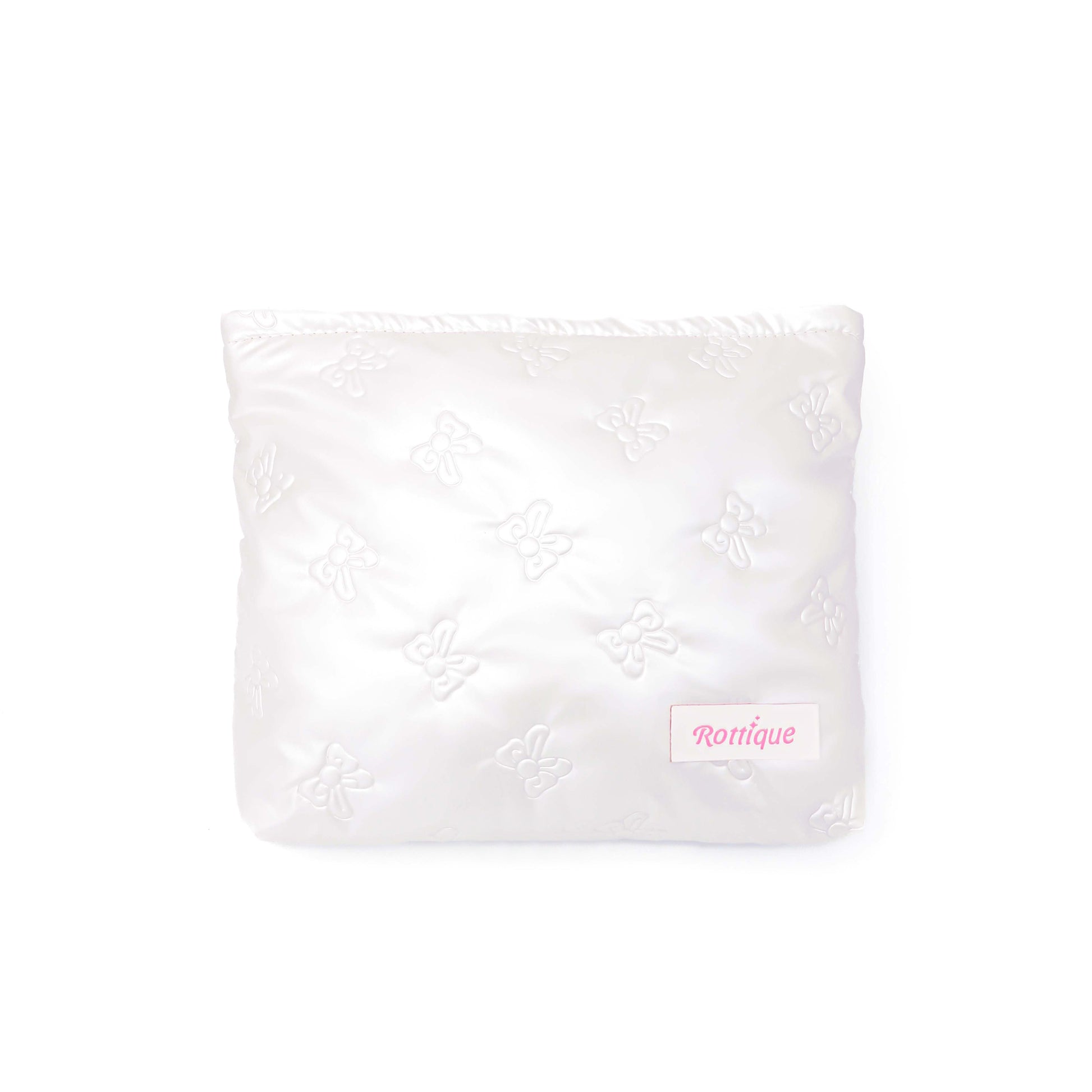 Stylish Pufflet Bow Beauty Bag in cream bowknot quilted fabric and compact size