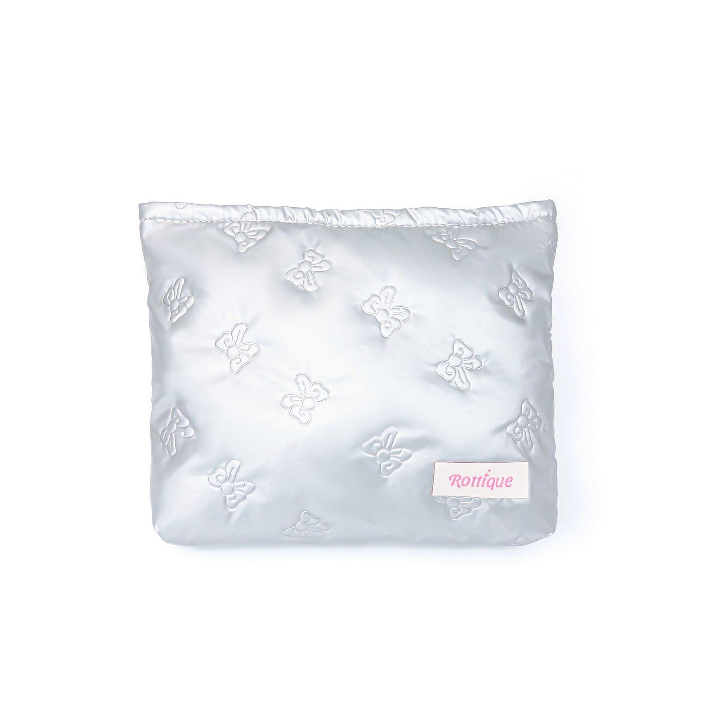 Stylish Pufflet Bow Beauty Bag in silver bowknot quilted fabric and compact size