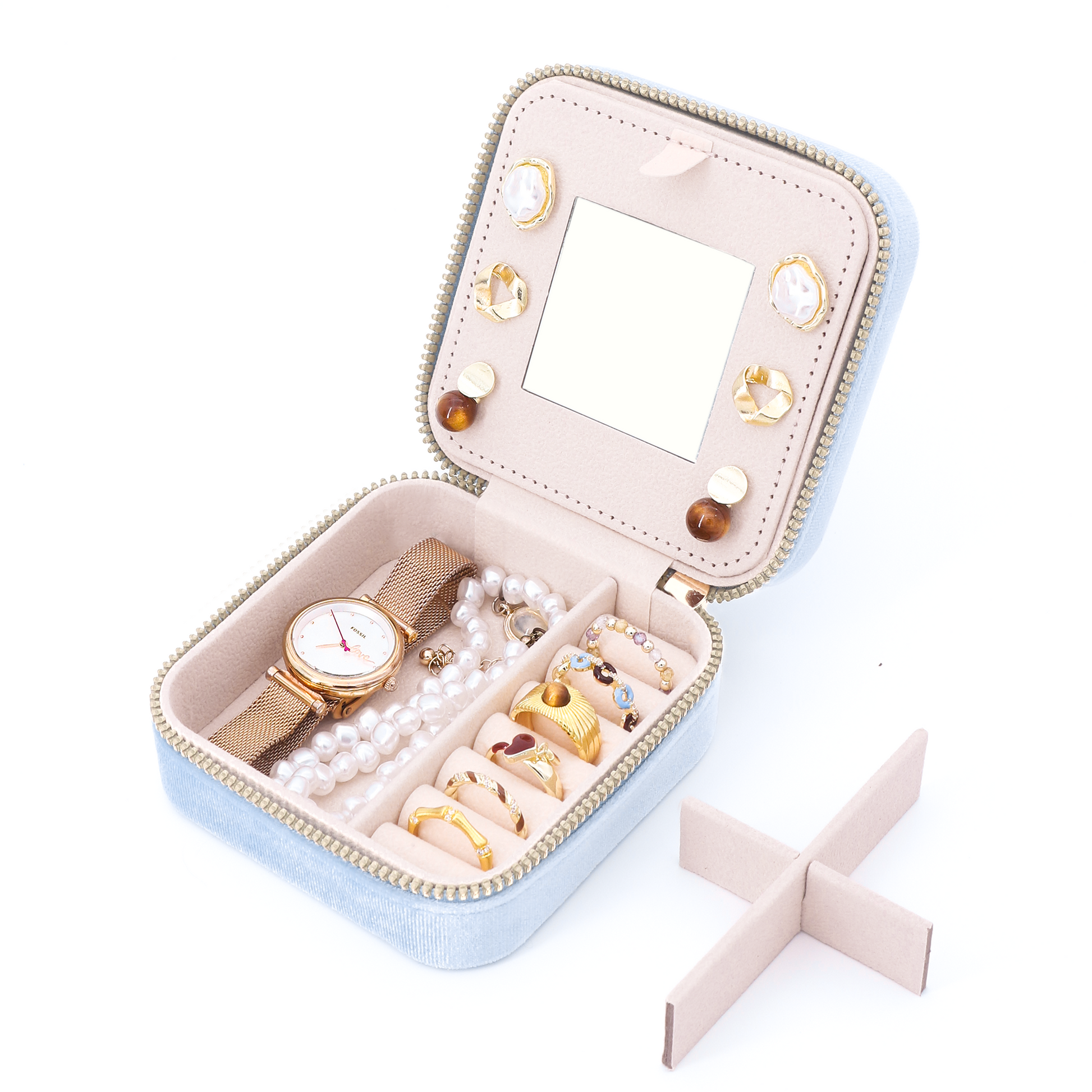 Velura Jewelry Case with removable divider and built-in mirror